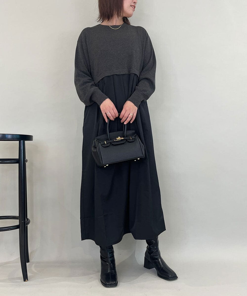 ZMECE02180 al'aise modulation(アレーズモジュレーション) 【セットアイテム】サイドリボンニットベスト×切り替えフレアワンピース ダークグレー