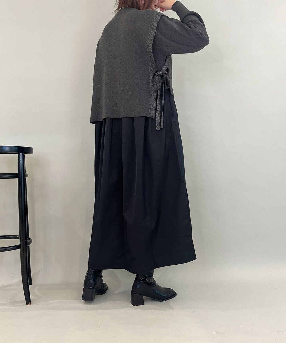 ZMECE02180 al'aise modulation(アレーズモジュレーション) 【セットアイテム】サイドリボンニットベスト×切り替えフレアワンピース ダークグレー