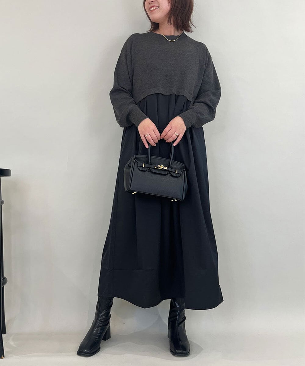 ZMECE02180 al'aise modulation(アレーズモジュレーション) 【セットアイテム】サイドリボンニットベスト×切り替えフレアワンピース ダークグレー