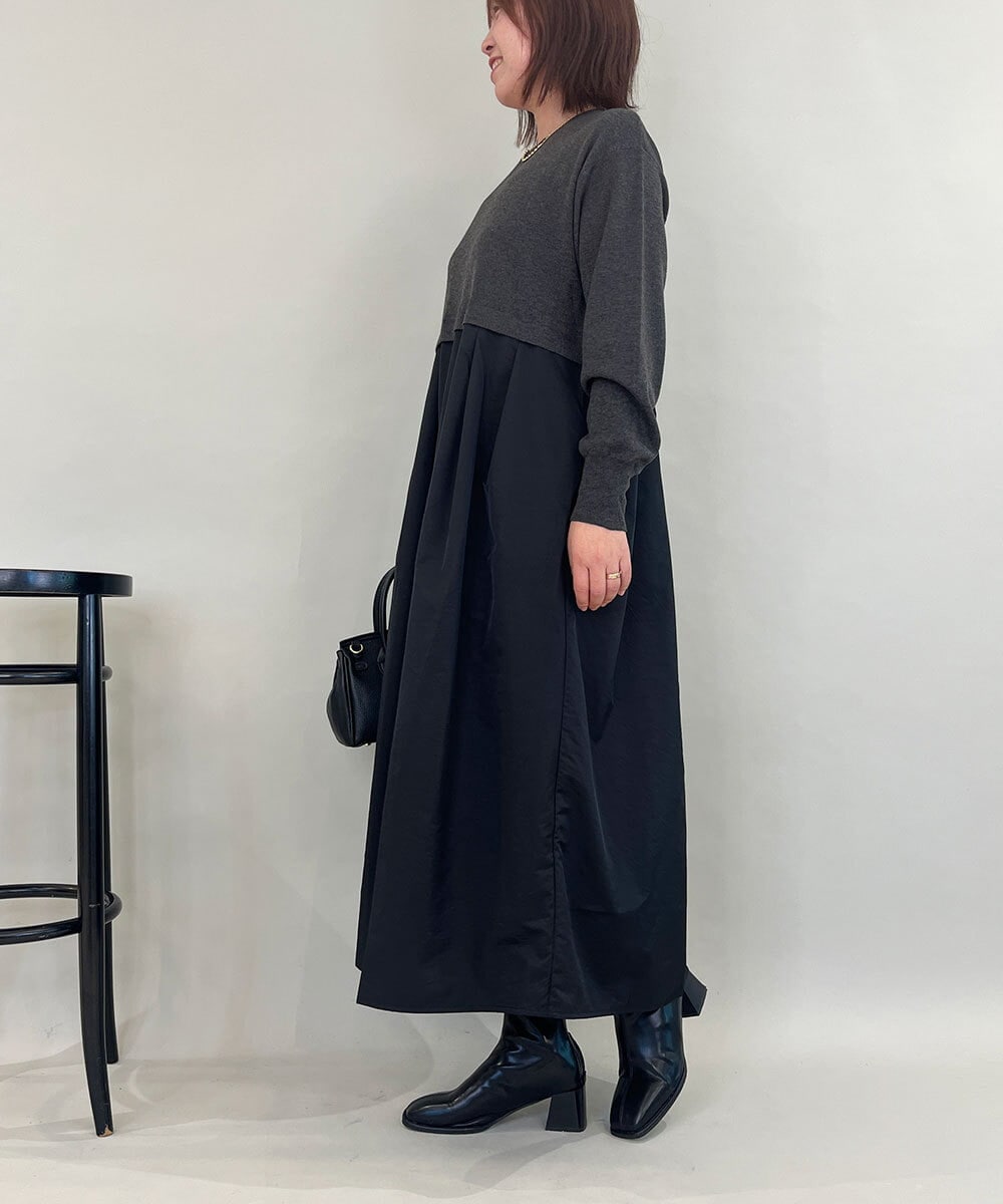 ZMECE02180 al'aise modulation(アレーズモジュレーション) 【セットアイテム】サイドリボンニットベスト×切り替えフレアワンピース ダークグレー