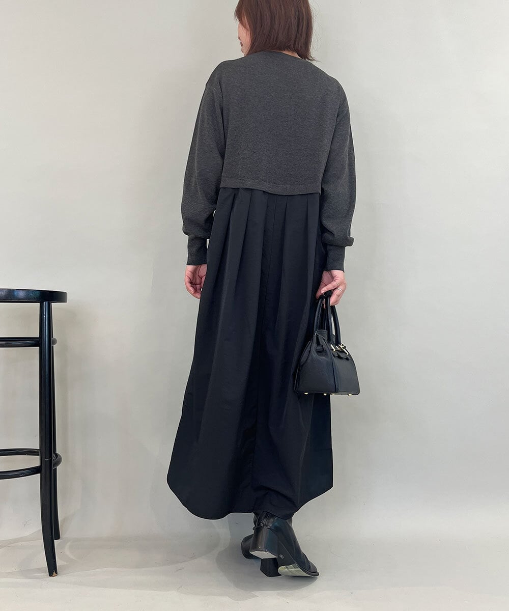 ZMECE02180 al'aise modulation(アレーズモジュレーション) 【セットアイテム】サイドリボンニットベスト×切り替えフレアワンピース ダークグレー