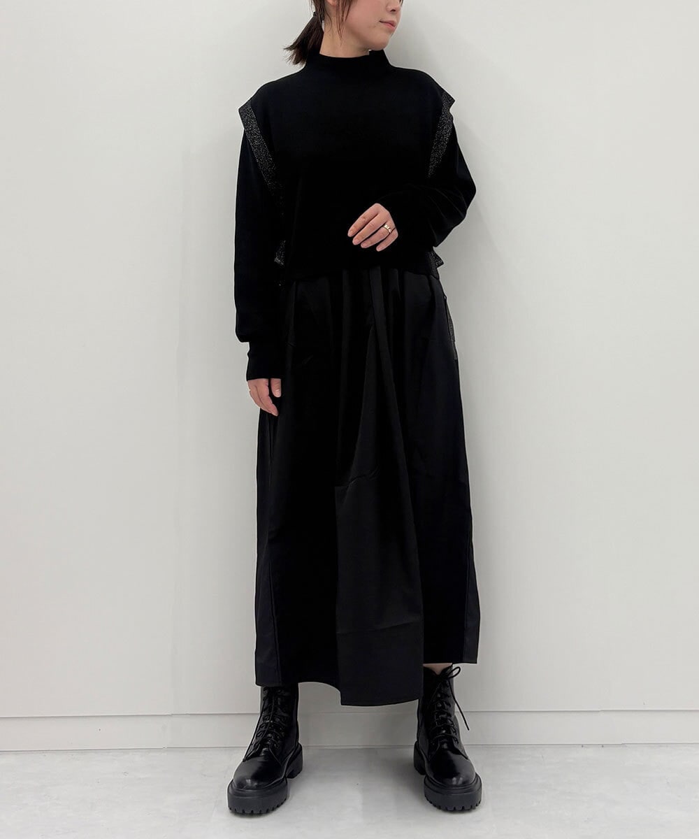 ZMECE02180 al'aise modulation(アレーズモジュレーション) 【セットアイテム】サイドリボンニットベスト×切り替えフレアワンピース ブラック