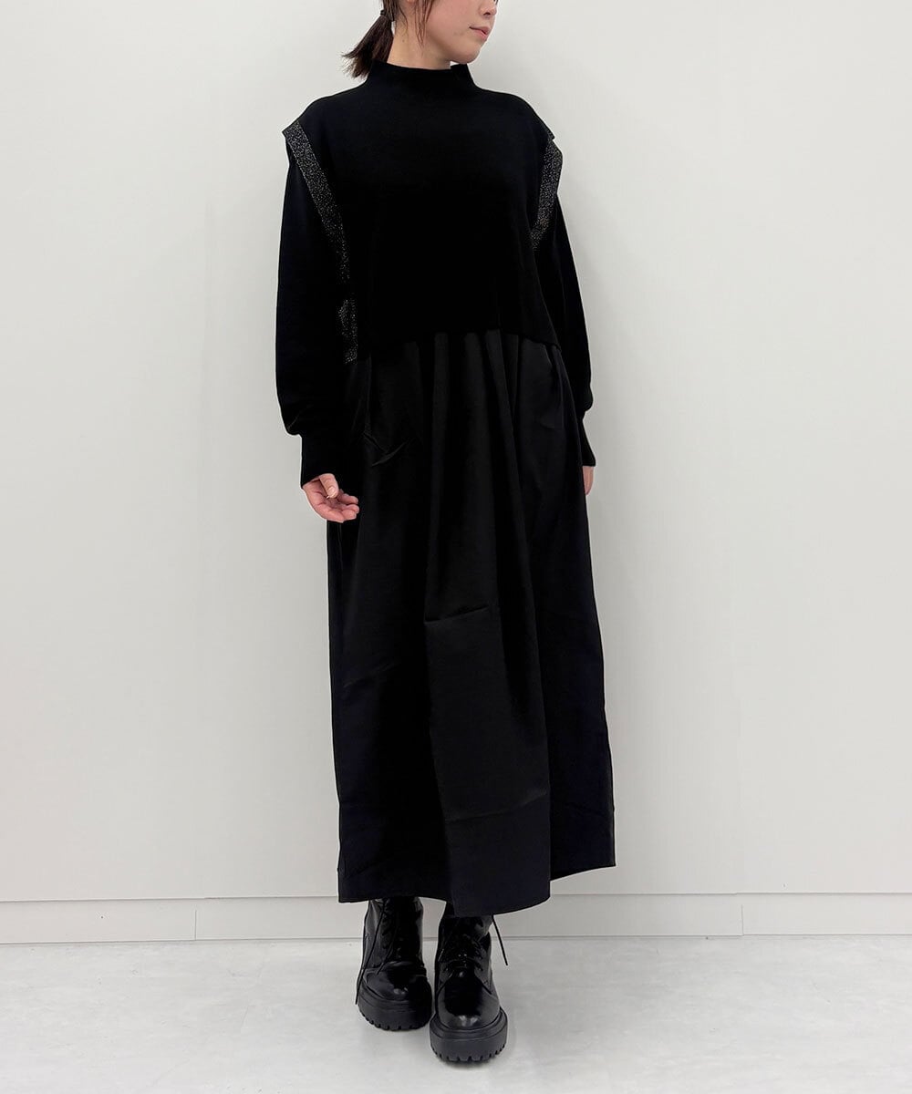 ZMECE02180 al'aise modulation(アレーズモジュレーション) 【セットアイテム】サイドリボンニットベスト×切り替えフレアワンピース ブラック