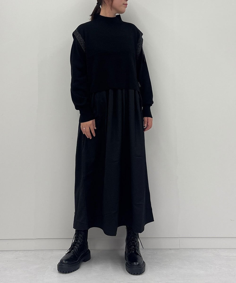 ZMECE02180 al'aise modulation(アレーズモジュレーション) 【セットアイテム】サイドリボンニットベスト×切り替えフレアワンピース ブラック