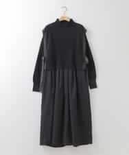 ZMECE02180 al'aise modulation(アレーズモジュレーション) 【セットアイテム】サイドリボンニットベスト×切り替えフレアワンピース ブラック