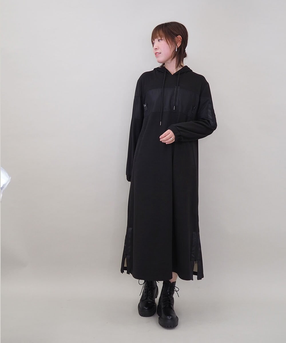 ZMECE03168 al'aise modulation(アレーズモジュレーション) 異素材ジョイント起毛ジャージーワンピース ブラック