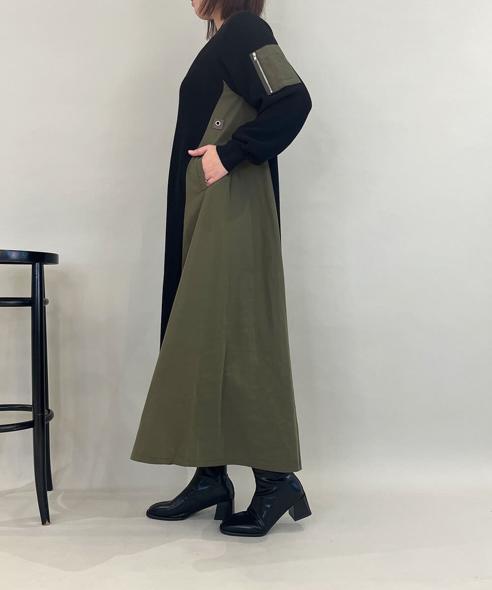 ZMECE08200 al'aise modulation(アレーズモジュレーション) 【洗える】異素材MIXニットワンピース カーキ