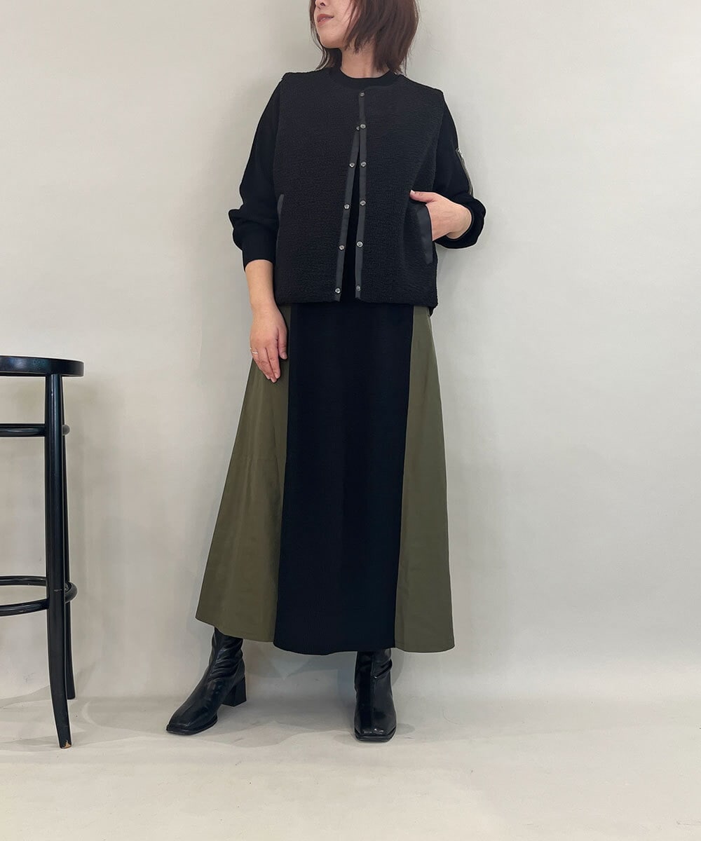 ZMECE08200 al'aise modulation(アレーズモジュレーション) 【洗える】異素材MIXニットワンピース カーキ