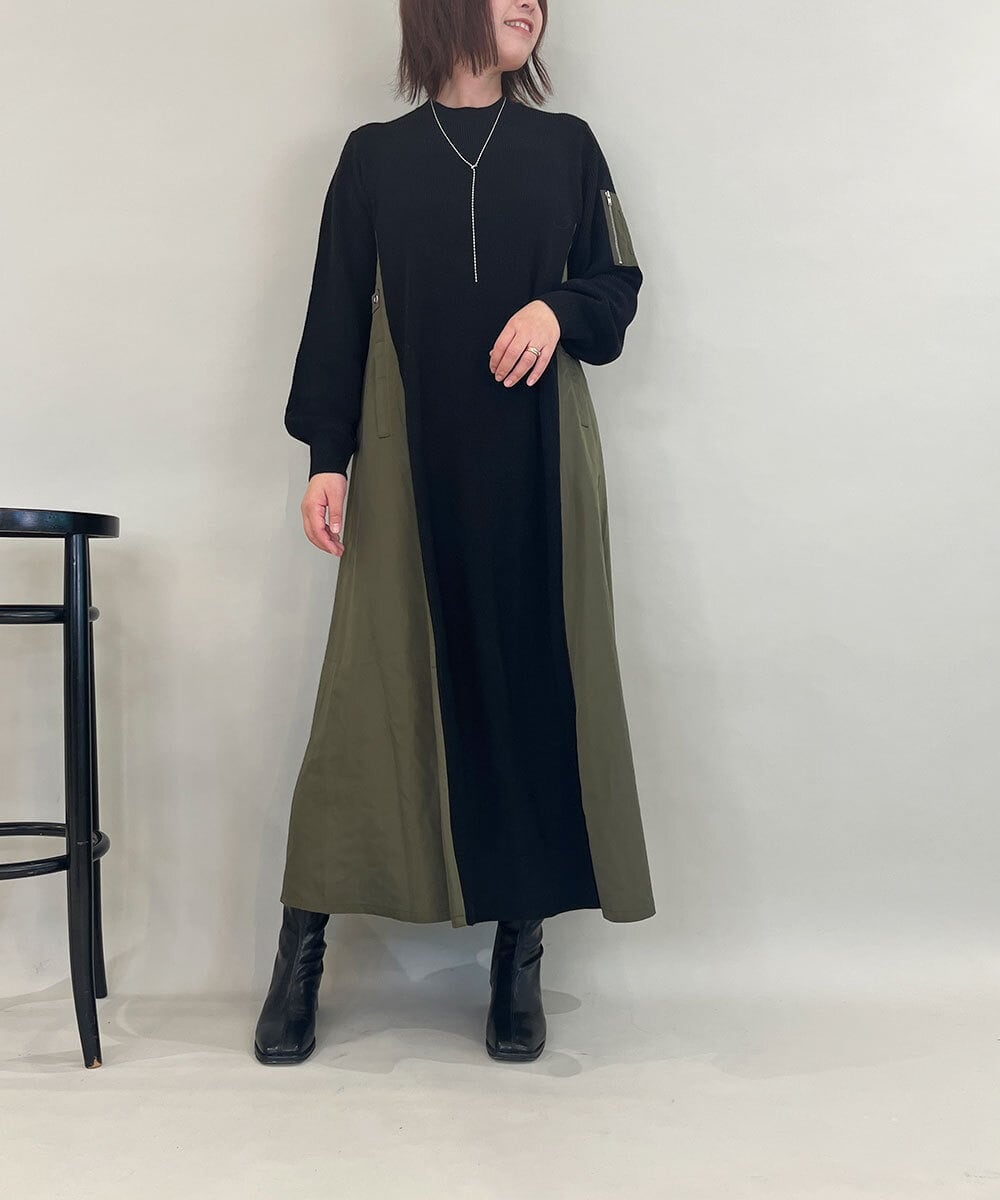 ZMECE08200 al'aise modulation(アレーズモジュレーション) 【洗える】異素材MIXニットワンピース カーキ