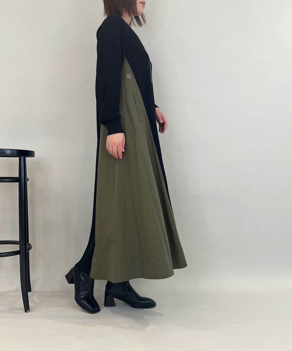 ZMECE08200 al'aise modulation(アレーズモジュレーション) 【洗える】異素材MIXニットワンピース カーキ