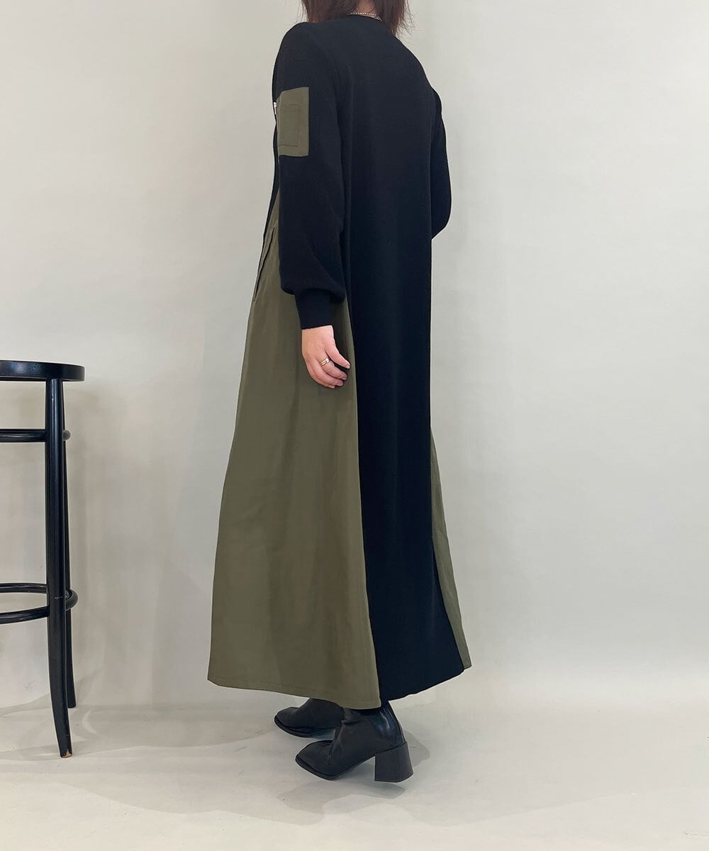 ZMECE08200 al'aise modulation(アレーズモジュレーション) 【洗える】異素材MIXニットワンピース カーキ