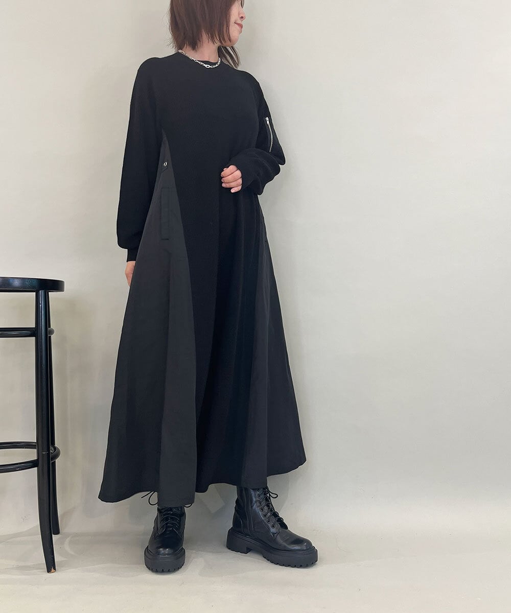 ZMECE08200 al'aise modulation(アレーズモジュレーション) 【洗える】異素材MIXニットワンピース ブラック
