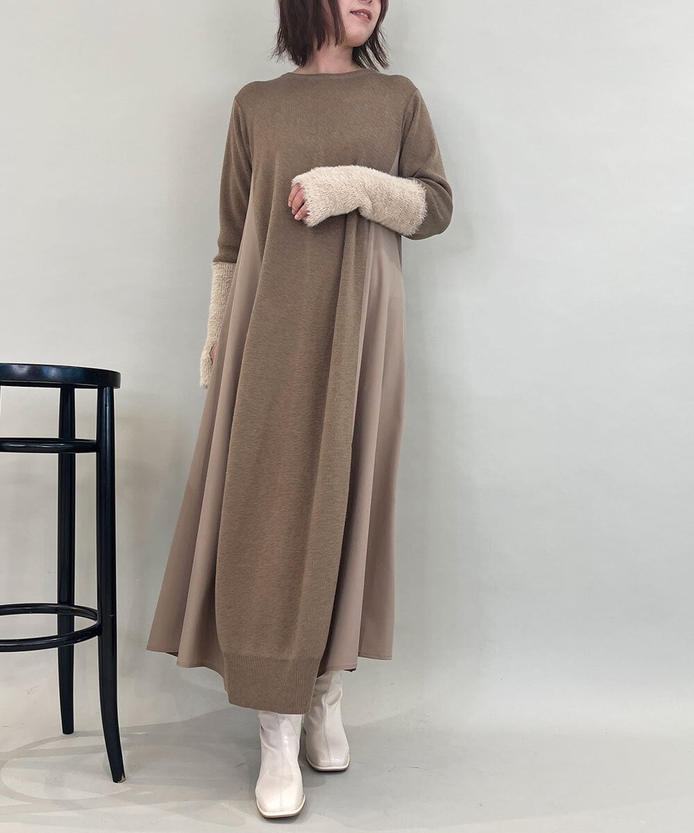 ZMECE38180 al'aise modulation(アレーズモジュレーション) 異素材切り替えニットワンピース ベージュ