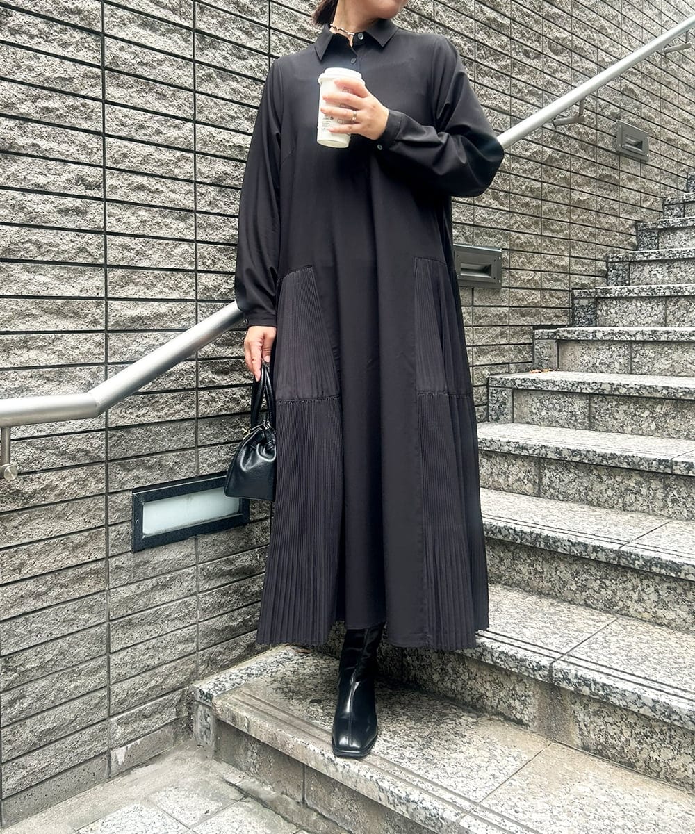 ZMEEE60189 al'aise modulation(アレーズモジュレーション) サイドプリーツロングシャツワンピース ブラック