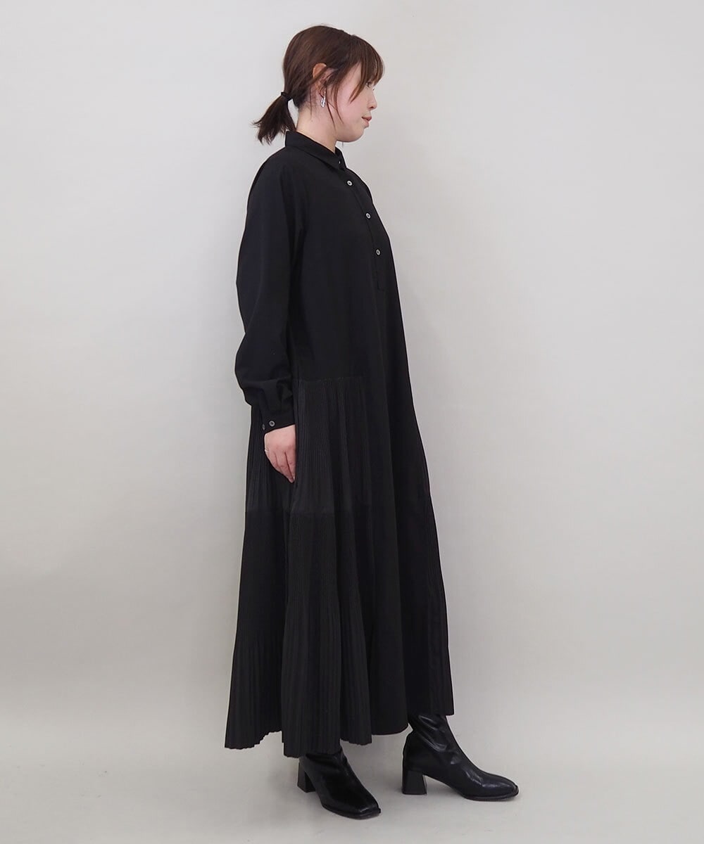 ZMEEE60189 al'aise modulation(アレーズモジュレーション) サイドプリーツロングシャツワンピース ブラック