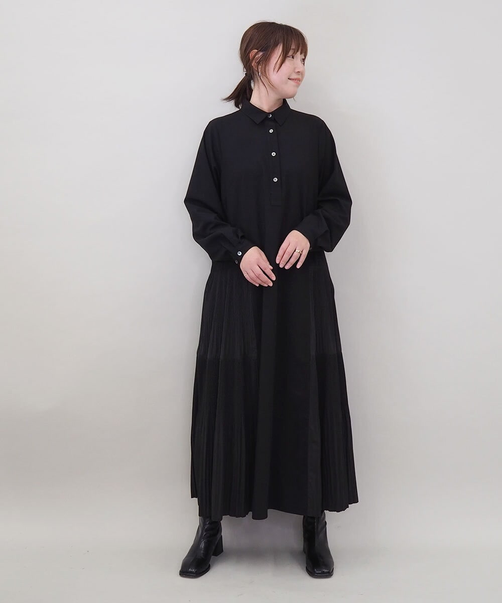 ZMEEE60189 al'aise modulation(アレーズモジュレーション) サイドプリーツロングシャツワンピース ブラック
