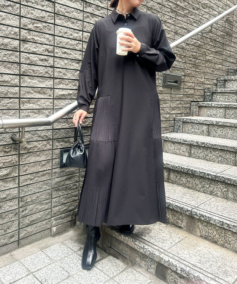 ZMEEE60189 al'aise modulation(アレーズモジュレーション) サイドプリーツロングシャツワンピース ブラック