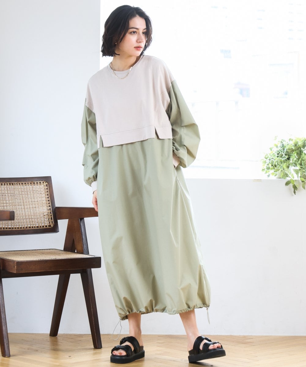 ZMEGE10169 al'aise modulation(アレーズモジュレーション) 【洗える】異素材ドッキングデザインワンピース ベージュ