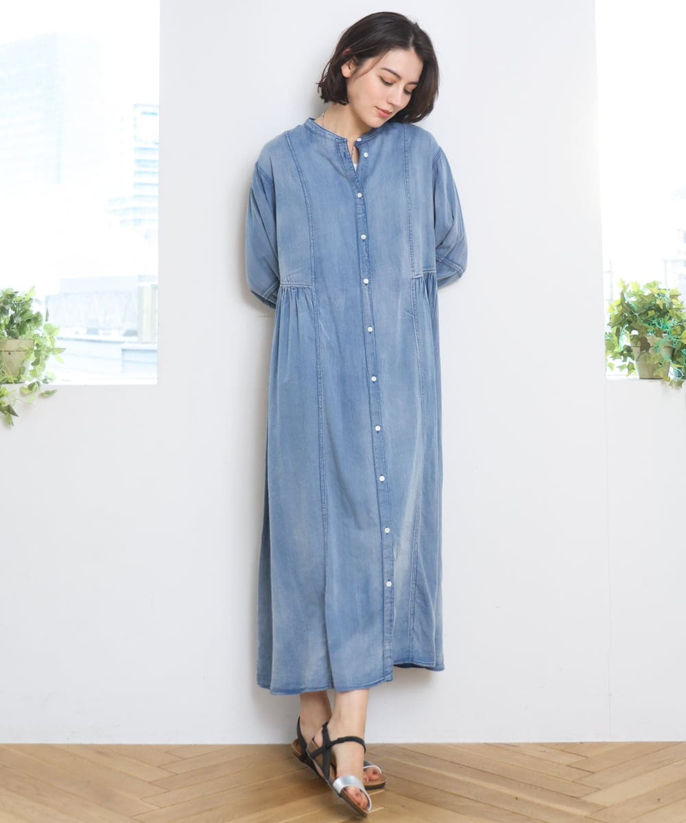 ZMEGE12190 al'aise modulation(アレーズモジュレーション) デニムライクサイドギャザーワンピース ブルー