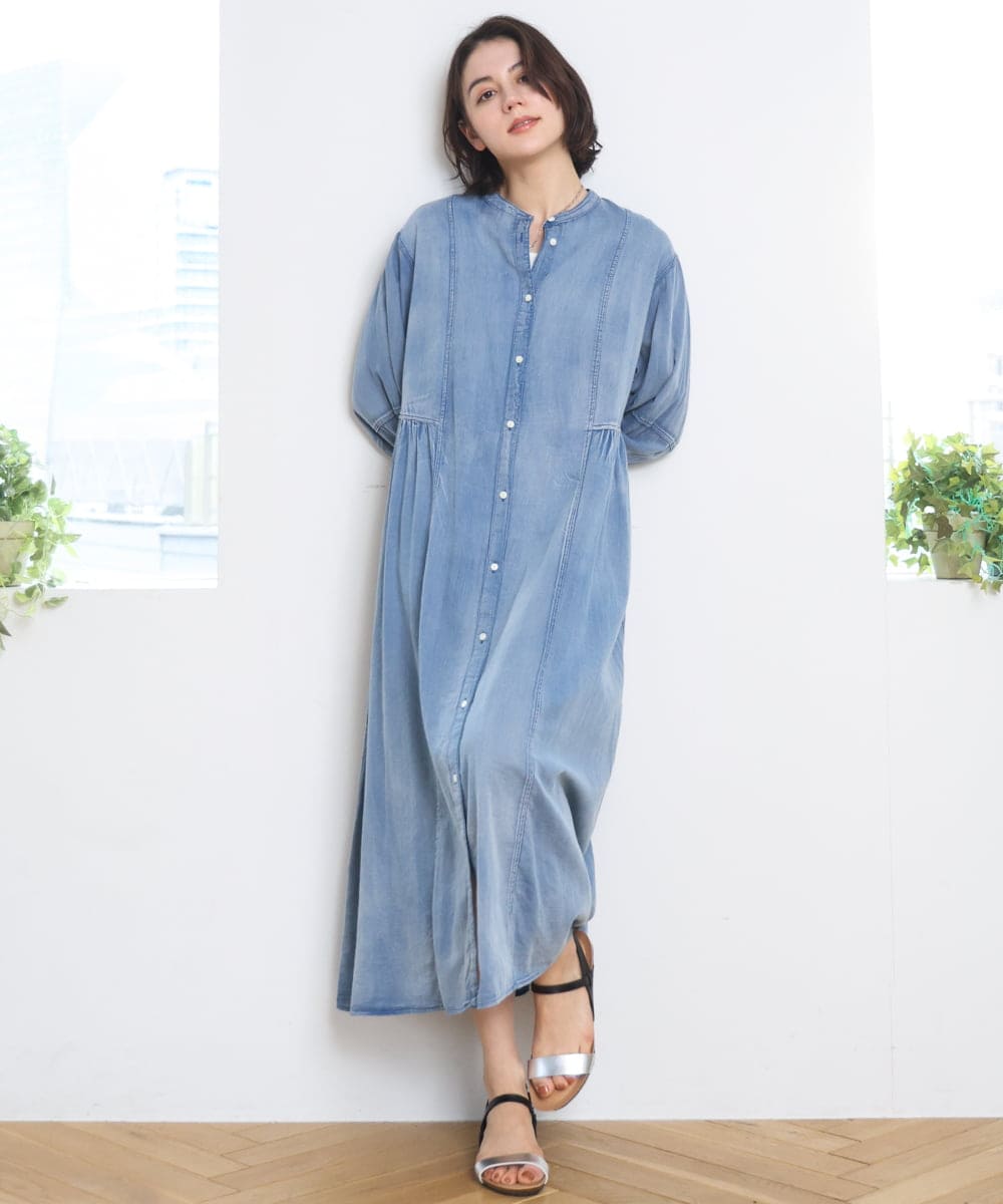 ZMEGE12190 al'aise modulation(アレーズモジュレーション) デニムライクサイドギャザーワンピース ブルー