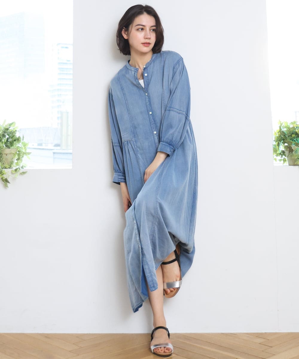 ZMEGE12190 al'aise modulation(アレーズモジュレーション) デニムライクサイドギャザーワンピース ブルー