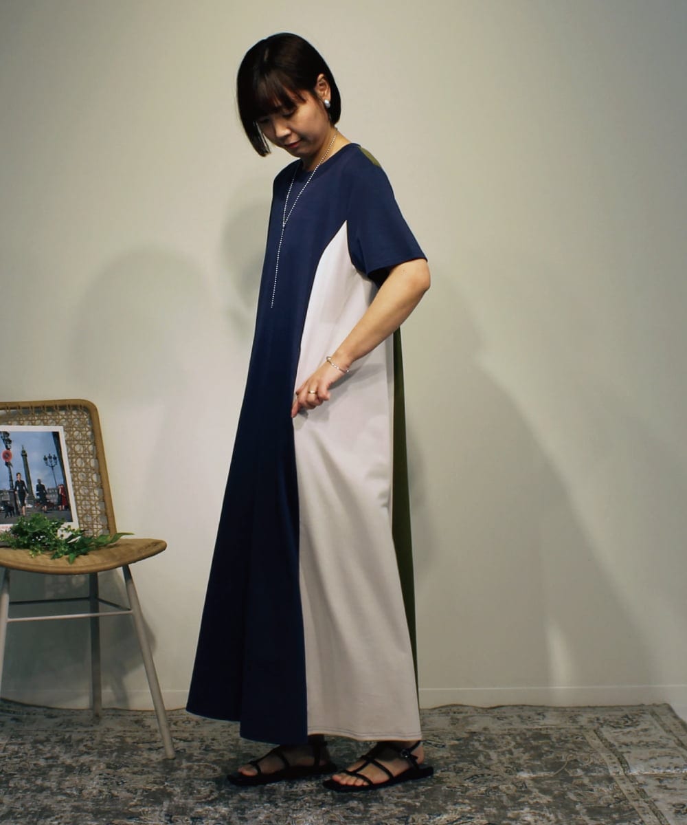 ZMEHB63127 al'aise modulation(アレーズモジュレーション) 3カラー切り替えジャージーワンピース ネイビー