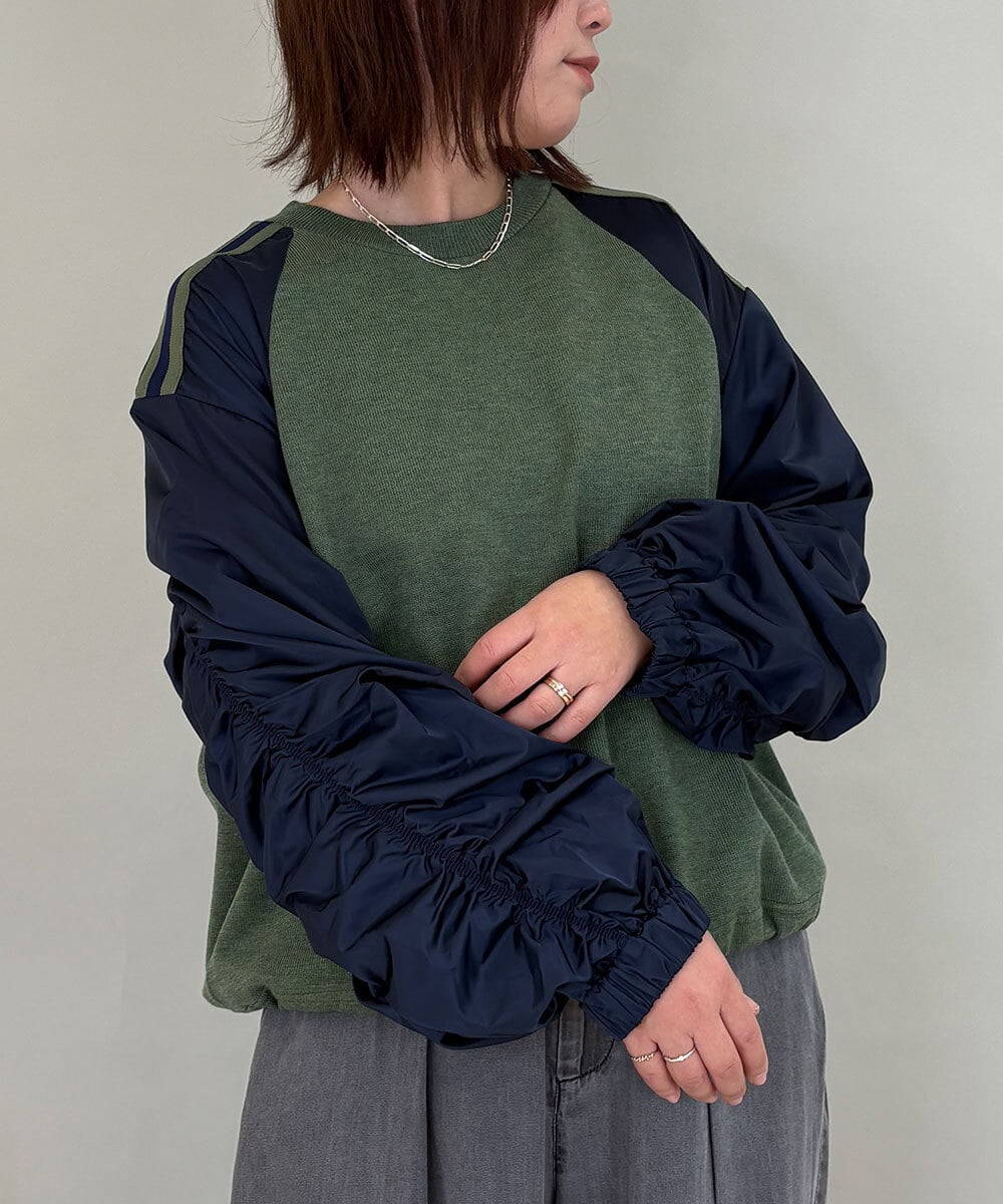 ZMFAE22159 al'aise modulation(アレーズモジュレーション) 【洗える】異素材ジョイントギャザースリーブプルオーバー カーキ