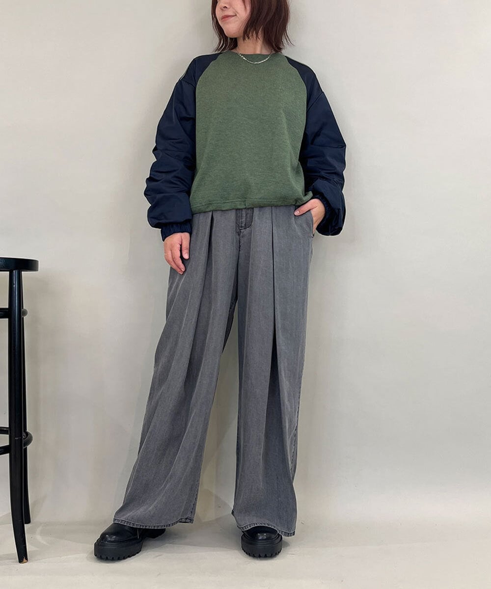 ZMFAE22159 al'aise modulation(アレーズモジュレーション) 【洗える】異素材ジョイントギャザースリーブプルオーバー カーキ