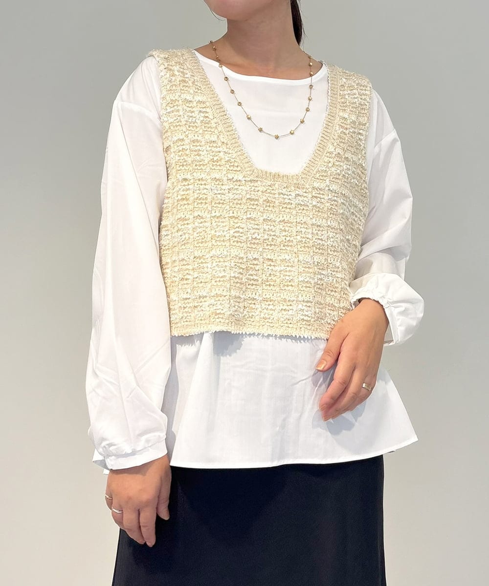 ZMFAE36150 al'aise modulation(アレーズモジュレーション) 【セットアイテム/洗える】デザインブラウス×フリンジヤーンニットベスト アイボリー