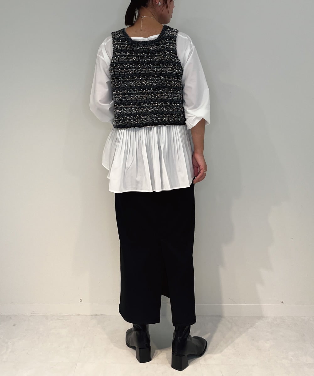 ZMFAE36150 al'aise modulation(アレーズモジュレーション) 【セットアイテム/洗える】デザインブラウス×フリンジヤーンニットベスト ブラック