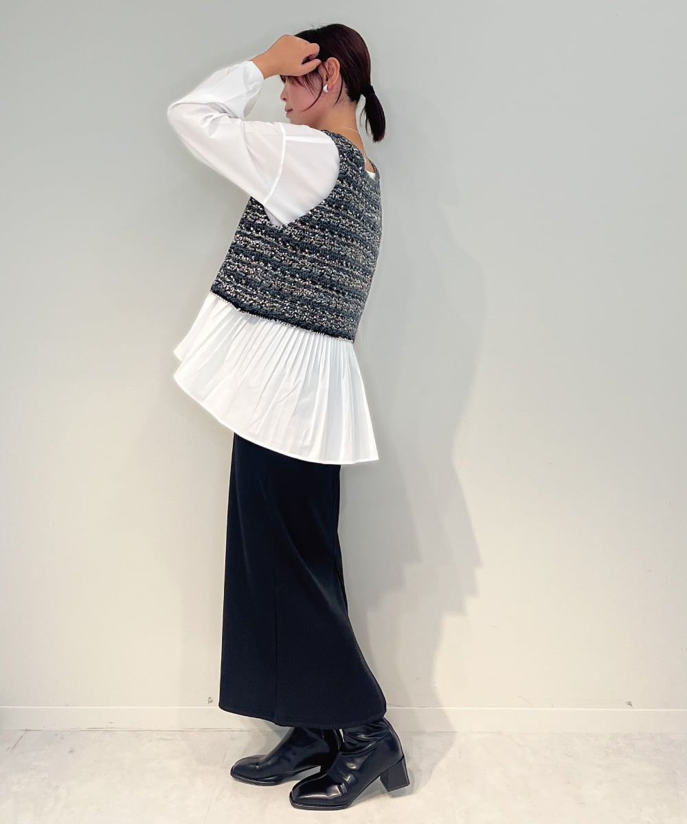 ZMFAE36150 al'aise modulation(アレーズモジュレーション) 【セットアイテム/洗える】デザインブラウス×フリンジヤーンニットベスト ブラック