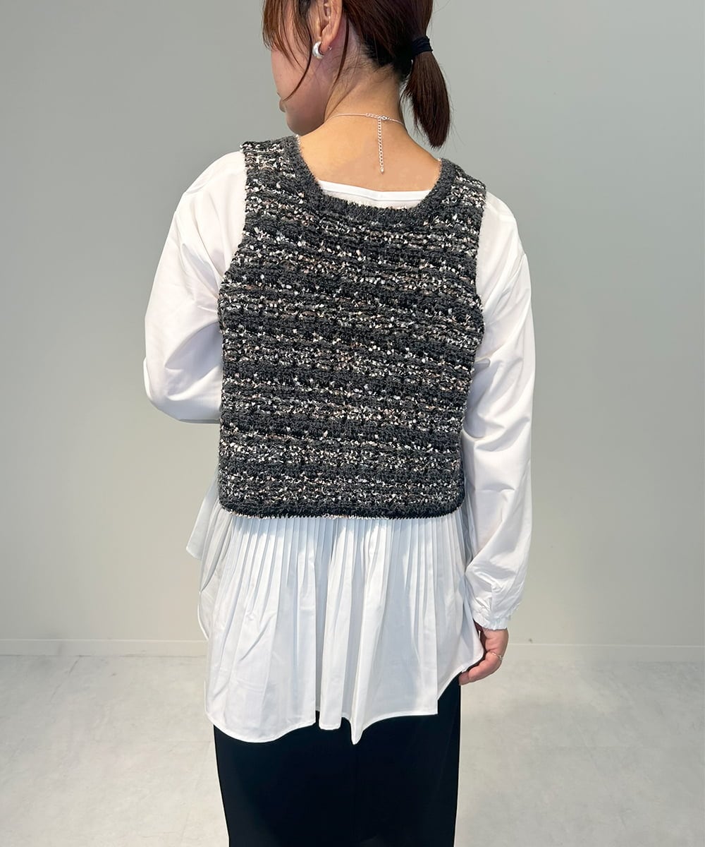 ZMFAE36150 al'aise modulation(アレーズモジュレーション) 【セットアイテム/洗える】デザインブラウス×フリンジヤーンニットベスト ブラック