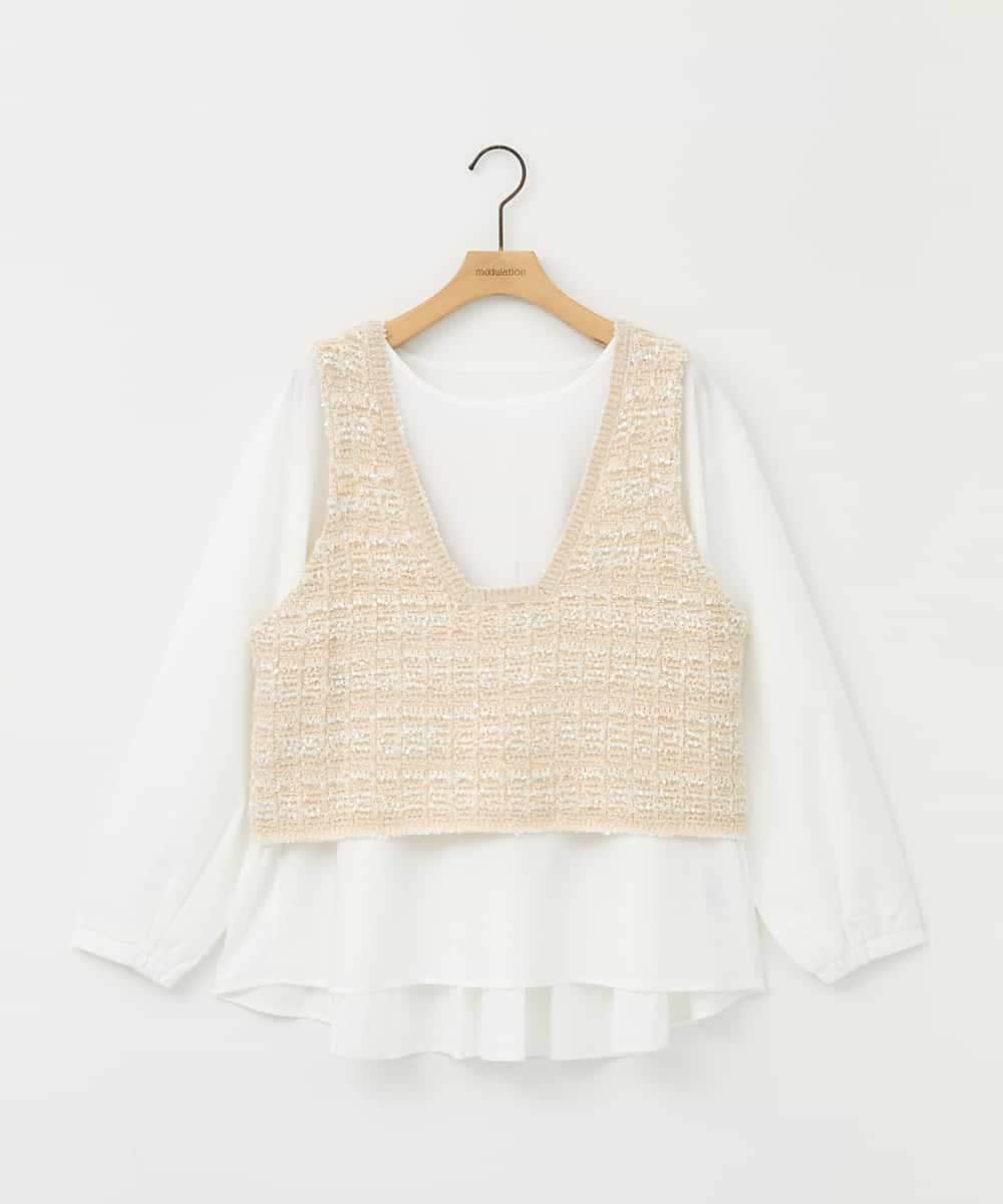 ZMFAE36150 al'aise modulation(アレーズモジュレーション) 【セットアイテム/洗える】デザインブラウス×フリンジヤーンニットベスト アイボリー