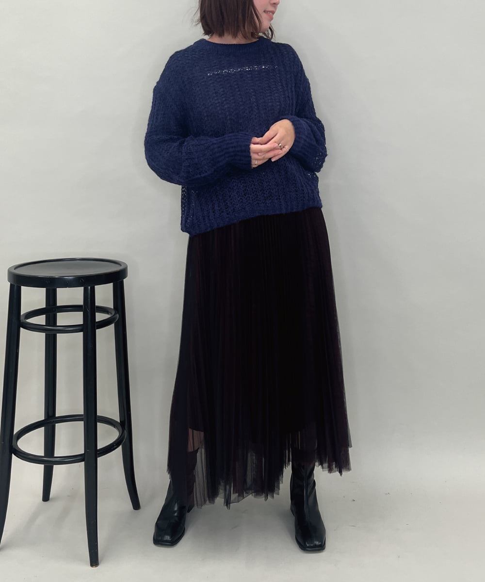 ZMFAE43110 al'aise modulation(アレーズモジュレーション) モヘヤ混ルーズメッシュニットプルオーバー ネイビー