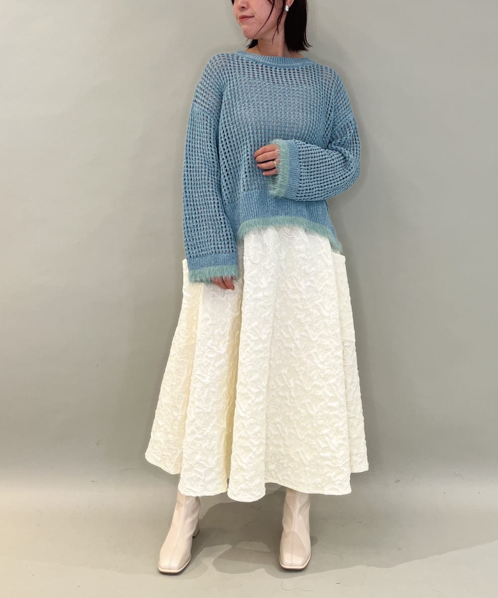 ZMFAE45130 al'aise modulation(アレーズモジュレーション) 【洗える】ファーアクセントメッシュニットプルオーバー ライトブルー