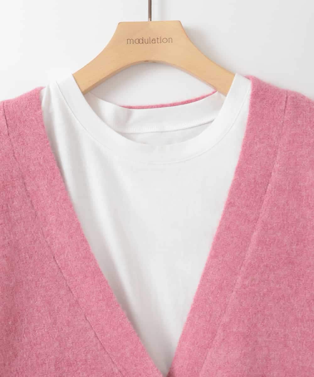 ZMFAE46170 al'aise modulation(アレーズモジュレーション) 【洗える/セットアイテム】ロングニットカーディガン×シャツ切替カットソー ピンク