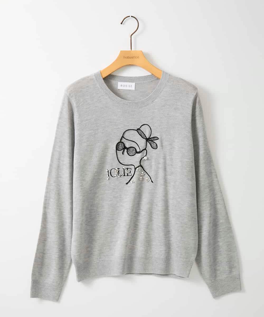 ZMFAE50120 al'aise modulation(アレーズモジュレーション) 【洗える】ビジュー刺繍デザインニットプルオーバー ライトグレー