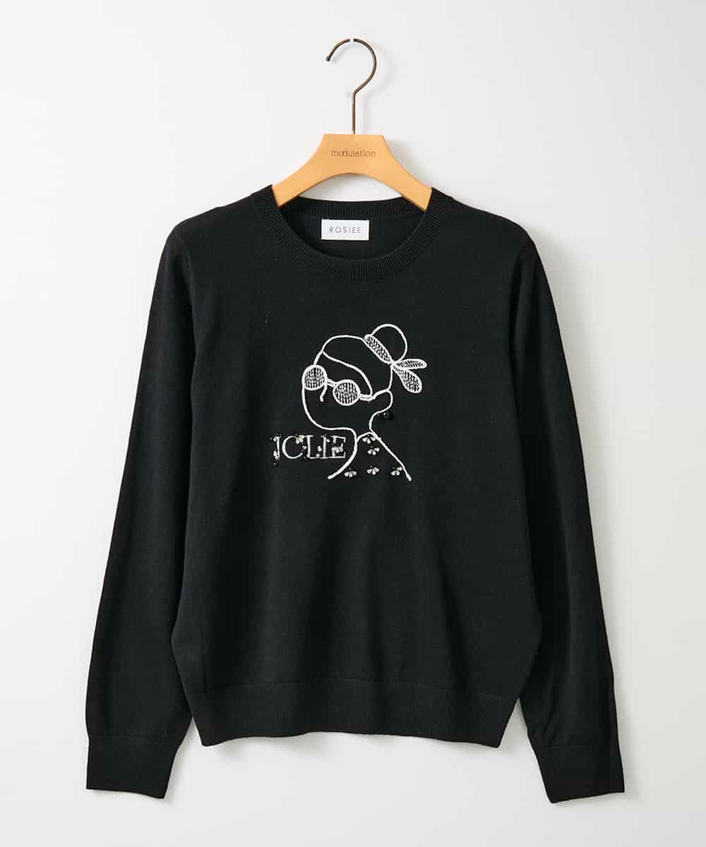 ZMFAE50120 al'aise modulation(アレーズモジュレーション) 【洗える】ビジュー刺繍デザインニットプルオーバー ブラック