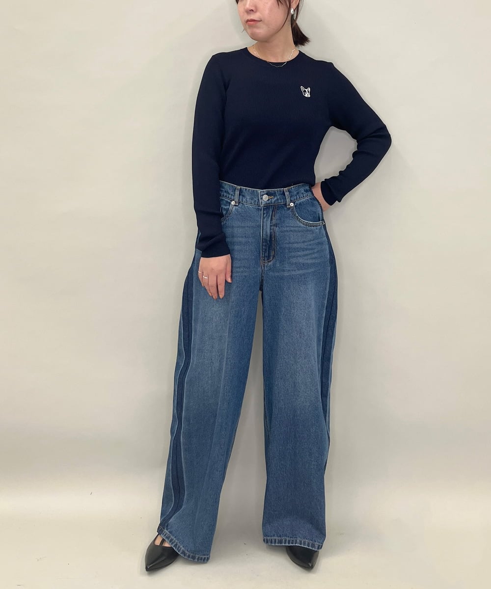 ZMFAE52120 al'aise modulation(アレーズモジュレーション) 【洗える】パッチアクセントリブプルオーバー ネイビー