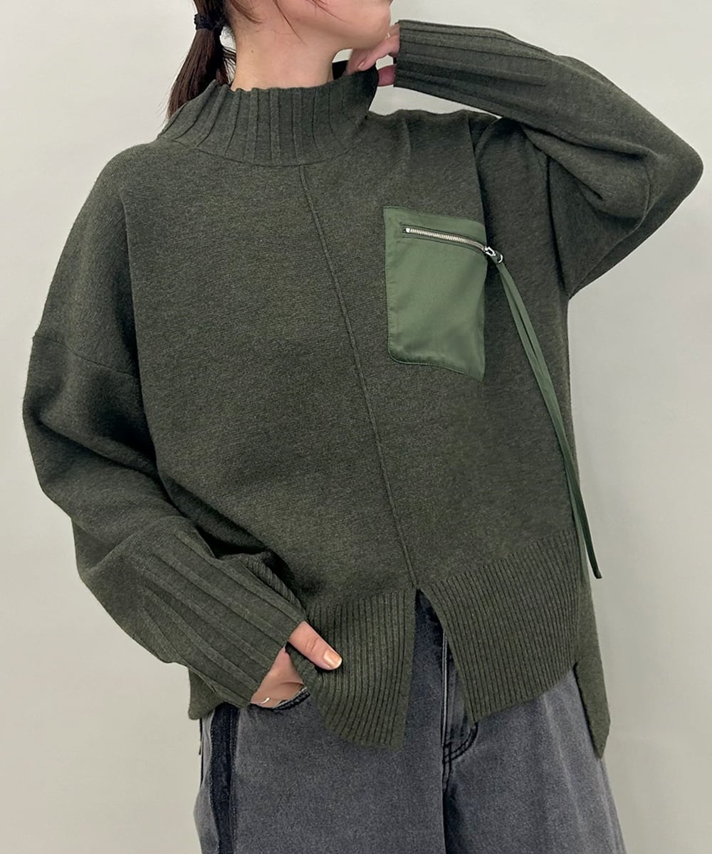 ZMFAE80089 al'aise modulation(アレーズモジュレーション) 異素材ポケットニットプルオーバー カーキ