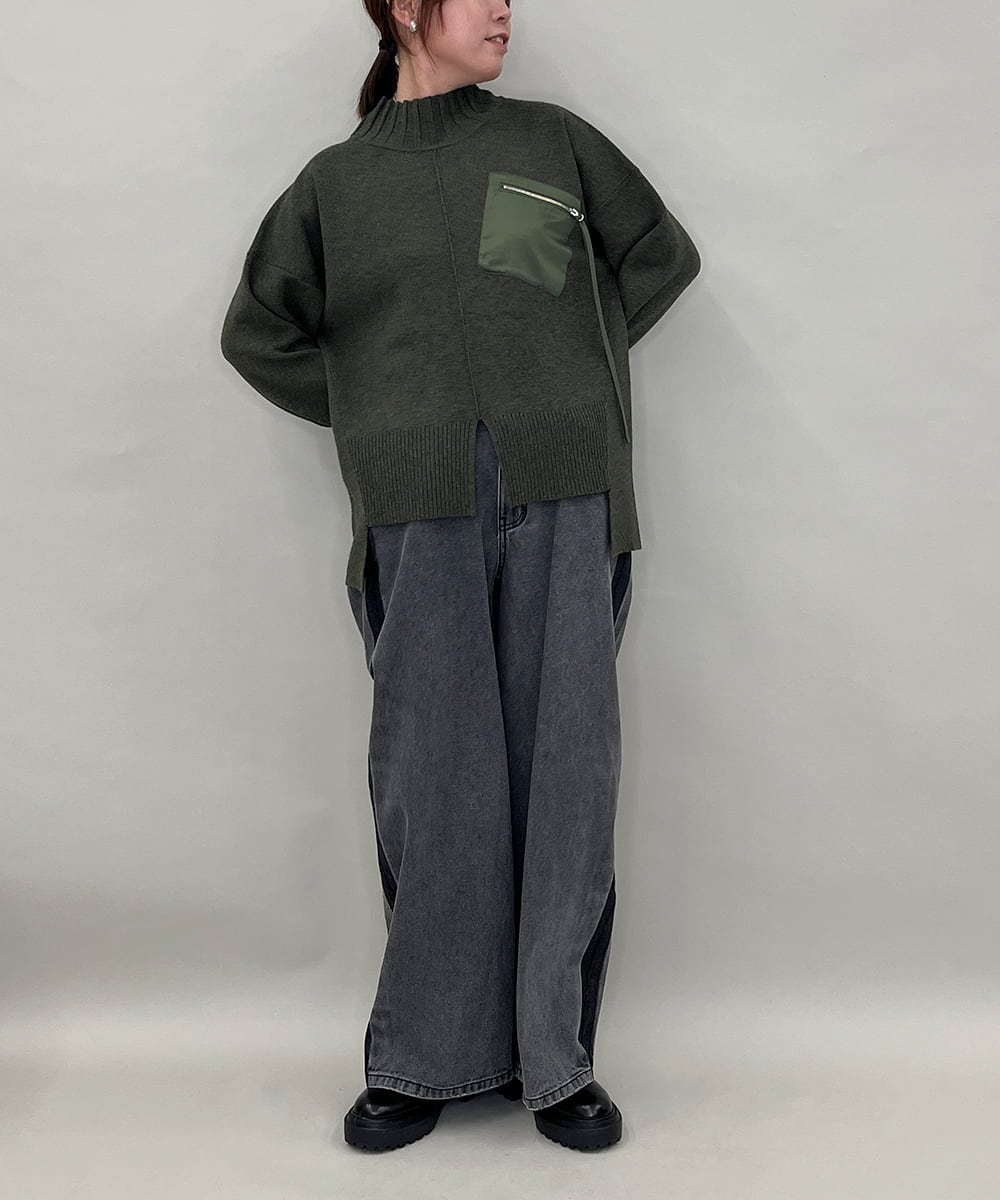 ZMFAE80089 al'aise modulation(アレーズモジュレーション) 異素材ポケットニットプルオーバー カーキ