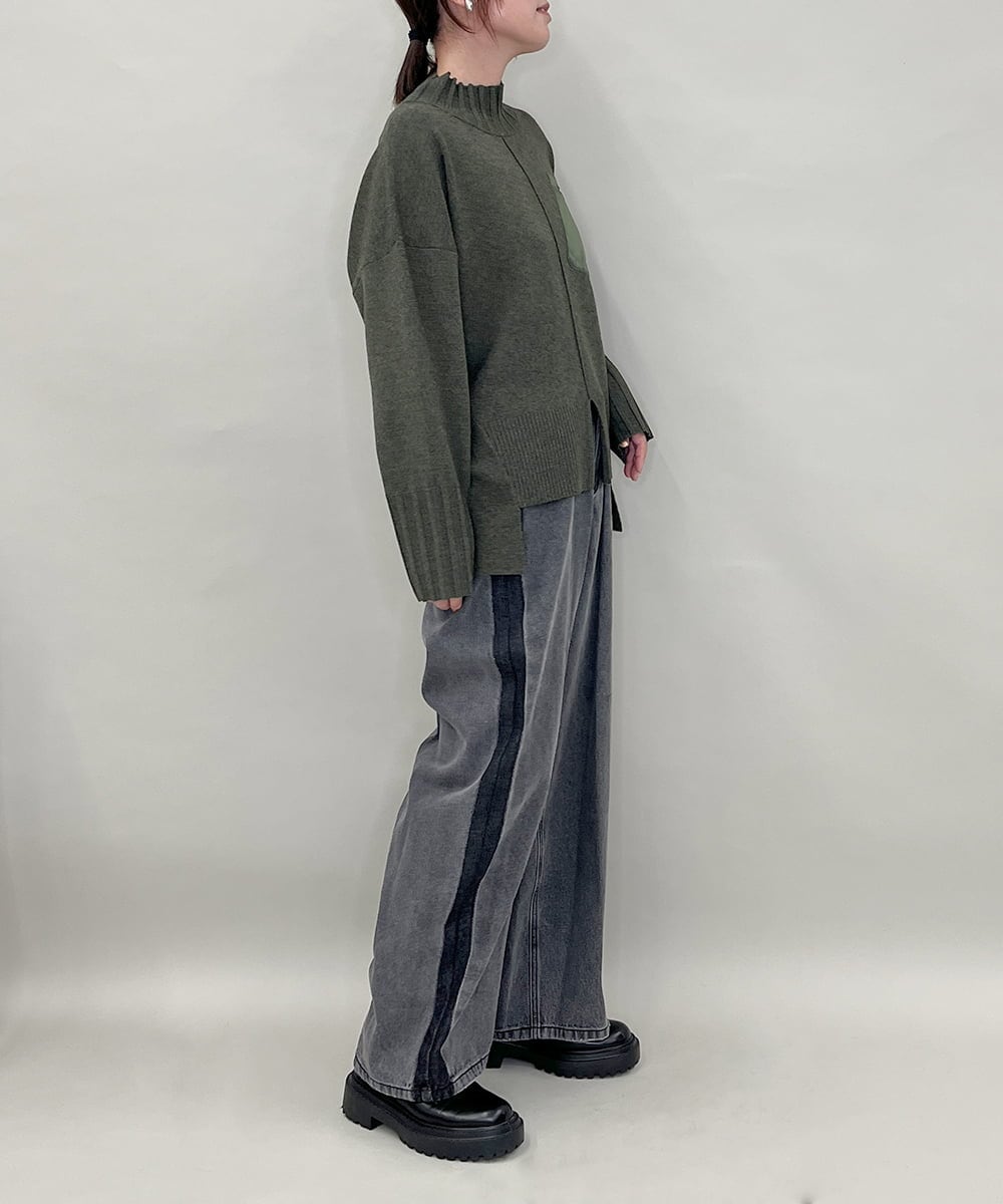 ZMFAE80089 al'aise modulation(アレーズモジュレーション) 異素材ポケットニットプルオーバー カーキ