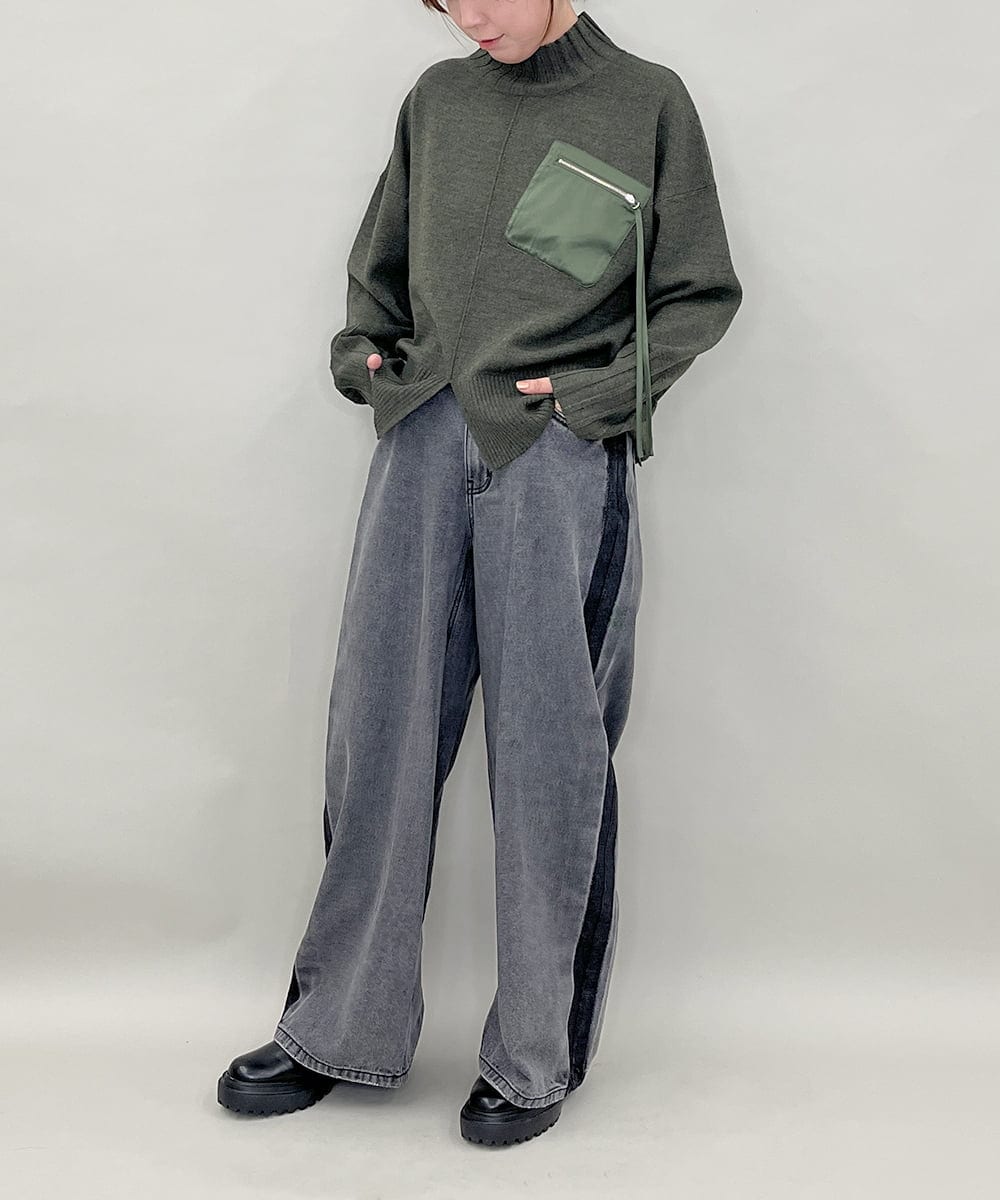 ZMFAE80089 al'aise modulation(アレーズモジュレーション) 異素材ポケットニットプルオーバー カーキ