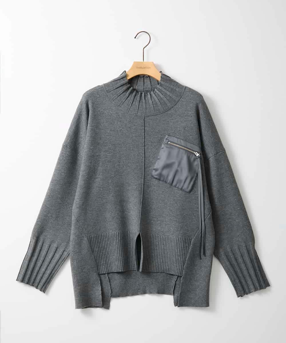 ZMFAE80089 al'aise modulation(アレーズモジュレーション) 異素材ポケットニットプルオーバー ダークグレー