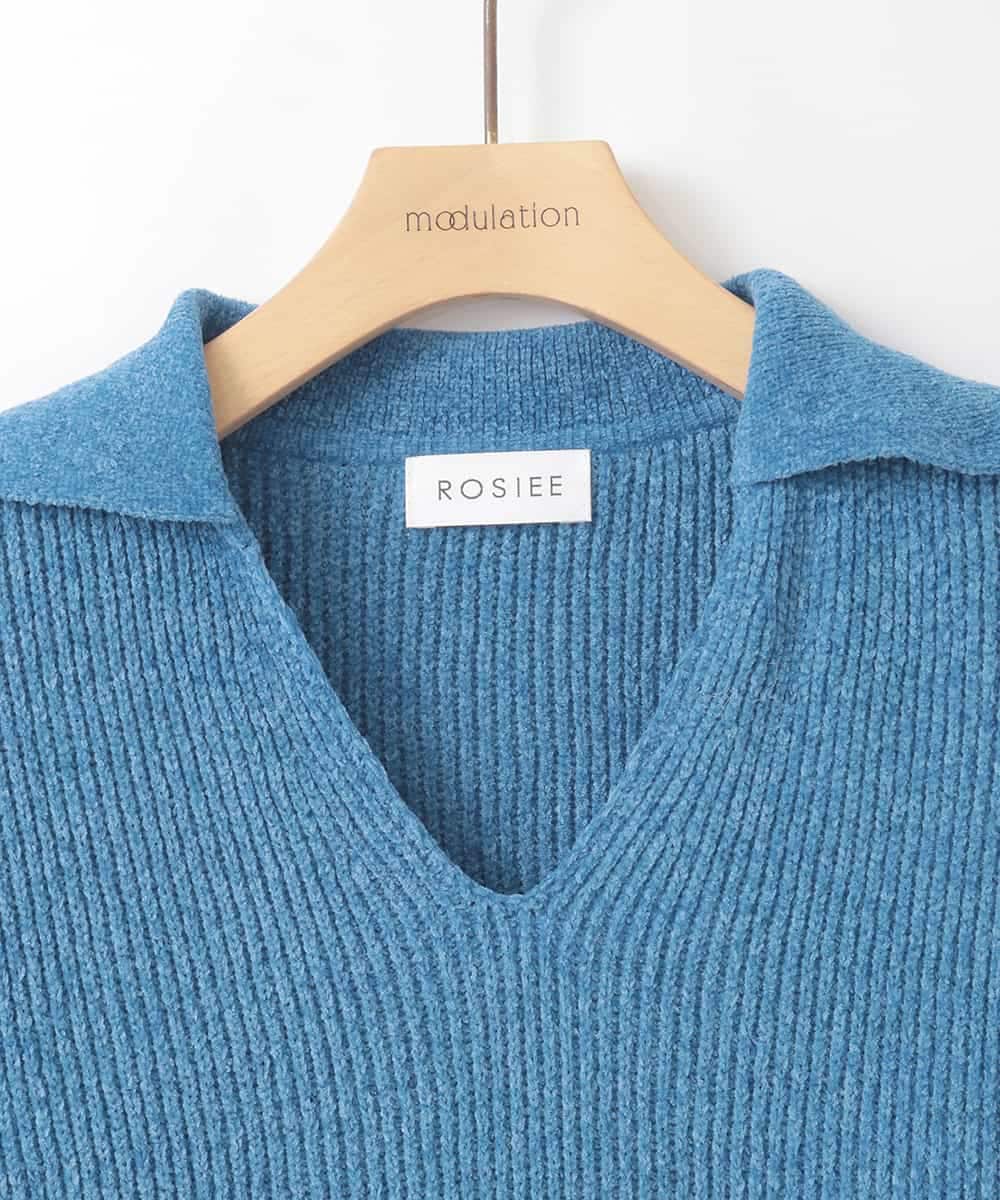 ZMFCE07120 al'aise modulation(アレーズモジュレーション) 衿付きVネックモールヤーンプルオーバー ブルー