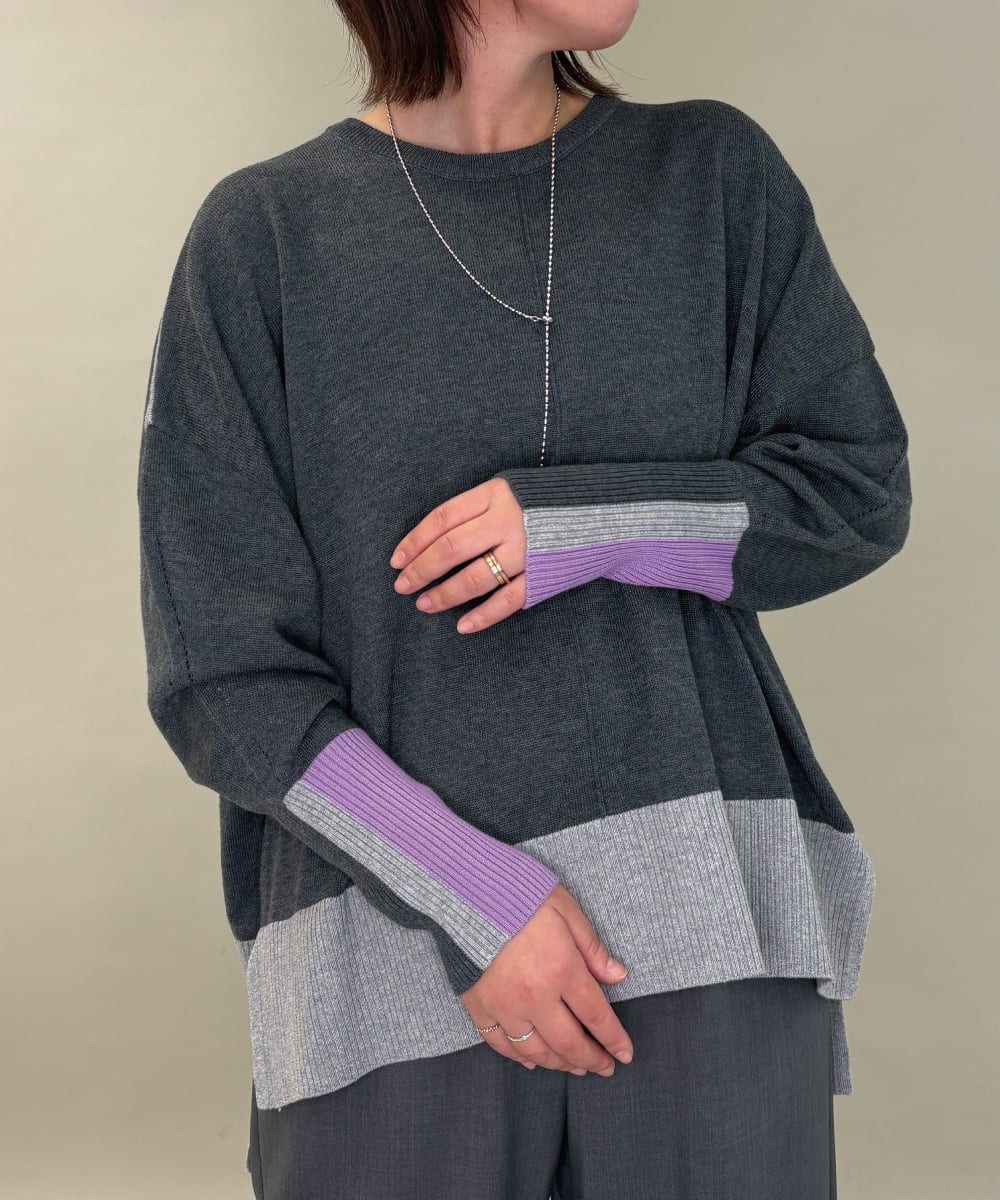 ZMFCE58099 al'aise modulation(アレーズモジュレーション) ラインカラーリブデザインニットプルオーバー ダークグレー