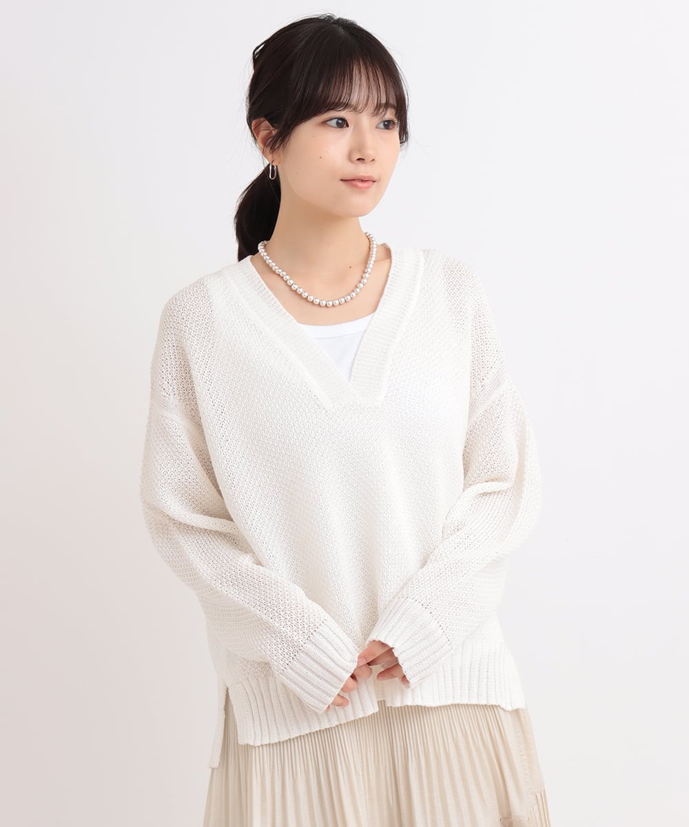 ZMFEB09110 al'aise modulation(アレーズモジュレーション) 【洗える】コットンリネンVネックニットプルオーバー ホワイト