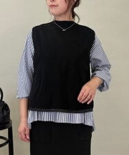 ZMFEE05150 al'aise modulation(アレーズモジュレーション) 【セットアイテム/洗える】ストライププリーツブラウス×ニットベスト ネイビー