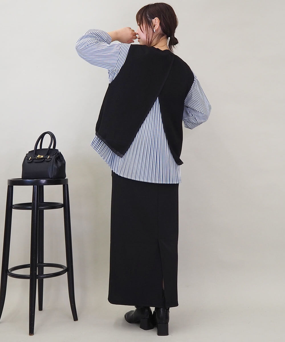 ZMFEE05150 al'aise modulation(アレーズモジュレーション) 【セットアイテム/洗える】ストライププリーツブラウス×ニットベスト ネイビー