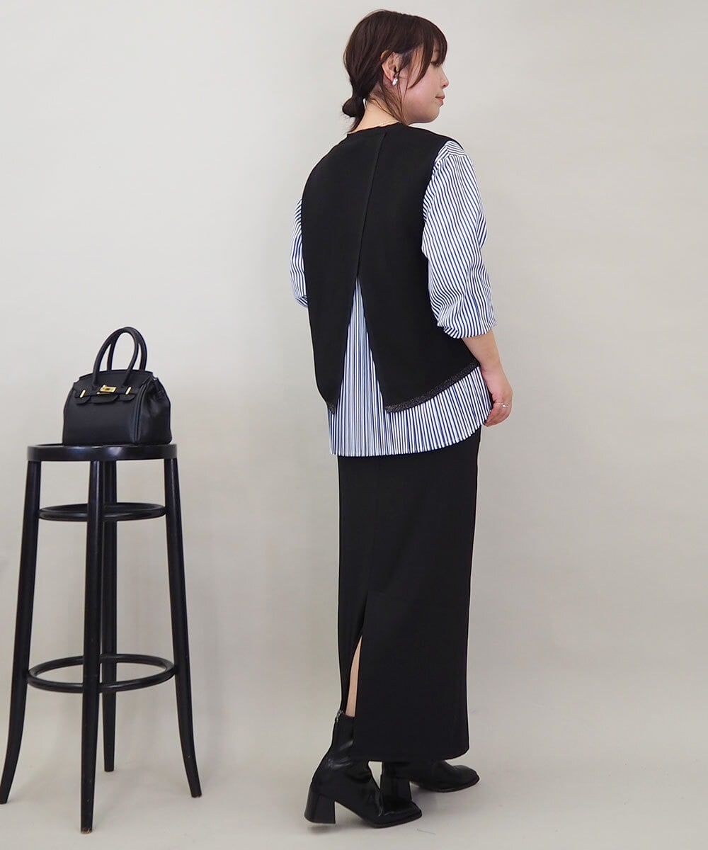 ZMFEE05150 al'aise modulation(アレーズモジュレーション) 【セットアイテム/洗える】ストライププリーツブラウス×ニットベスト ネイビー